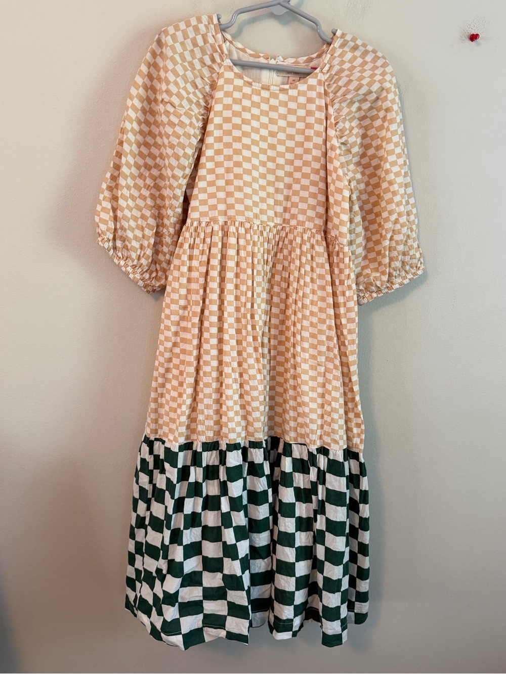Pink Chicken Beige and Dark Green Checkerboard Tiered Dress